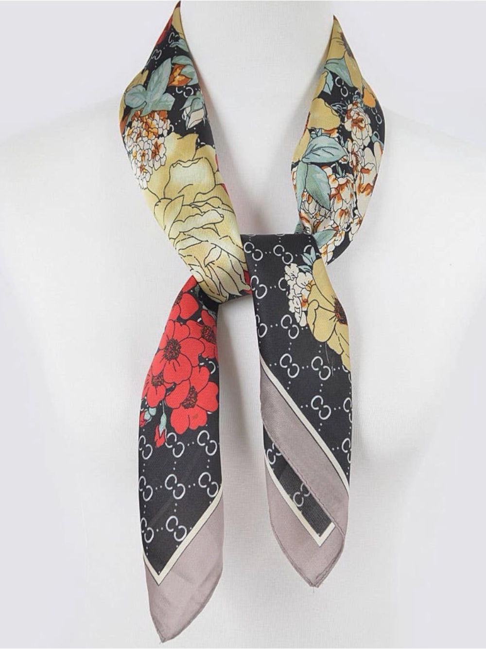Fashion Nova Floral Silk-Feel Neck Scarf in Black, Red & Yellow